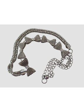 Vintage Silver Tone Mesh Chain With Rhinestone Bows Statement Belt Necklace OS